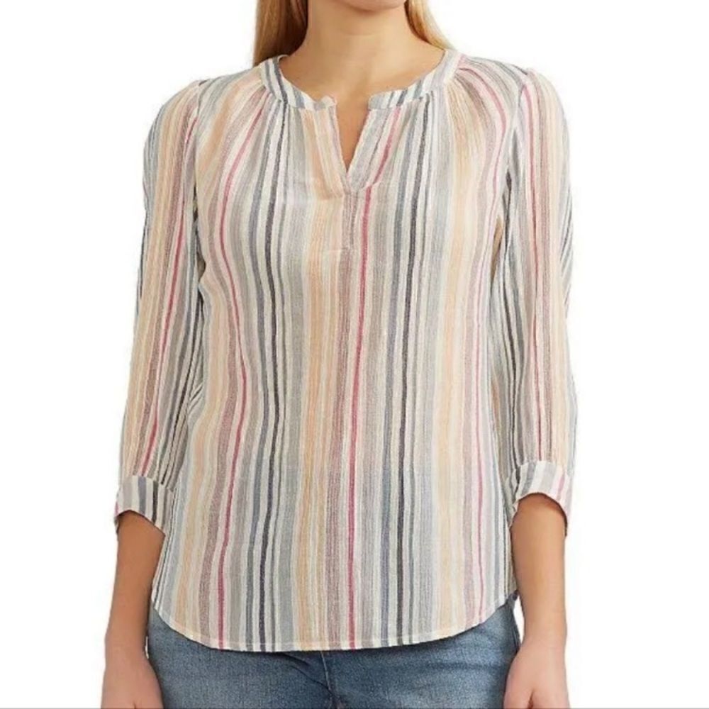 Chaps Plus Cream Multicolor Cotton Gauze Top - Striped Pullover Blouse Coverup
